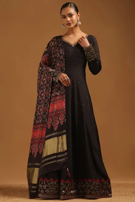 Black Russian Silk Embellished Gown With Sequins